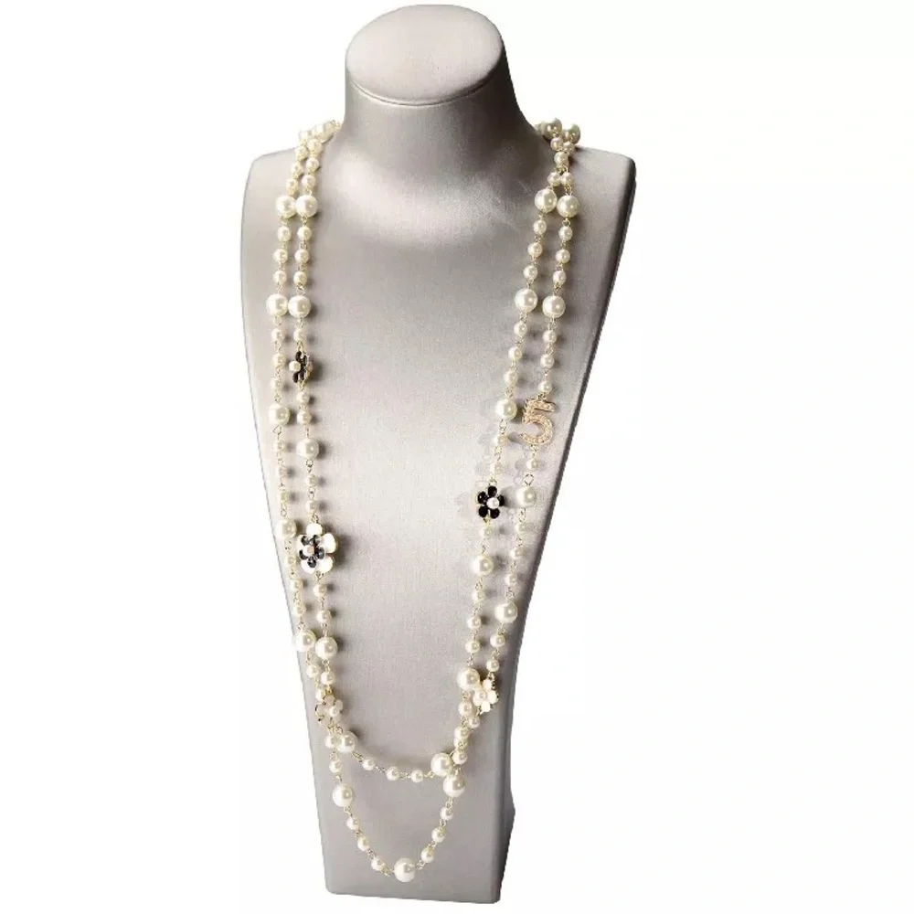 New Pearl Camellia Number5 Flower Double Long Necklace